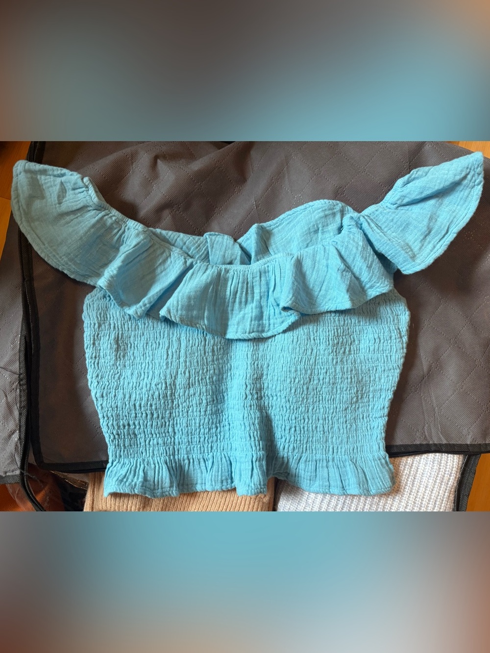 American Eagle Outfitters Light Blue Off-Shoulder Ruffle Smocked Crop Top